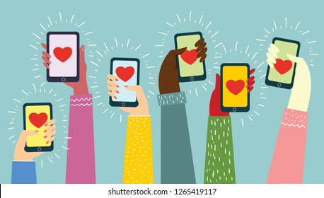 Valentine Day Gift Card Holiday Love Hands Hold Cell Smart Phone with hearts. Social Network Communication Flat Vector Illustration