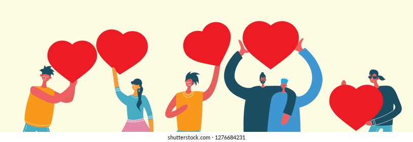 Valentine Day Gift Card Holiday Love Men and Women Hold hearts. Social Network Communication Flat Vector Illustration