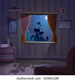 Valentine Day Gift Card Holiday Cat Couple Sitting On Window Sill In Moon Light Flat Vector Illustration