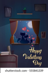 Valentine Day Gift Card Holiday Cat Couple Sitting On Window Sill In Moon Light Flat Vector Illustration