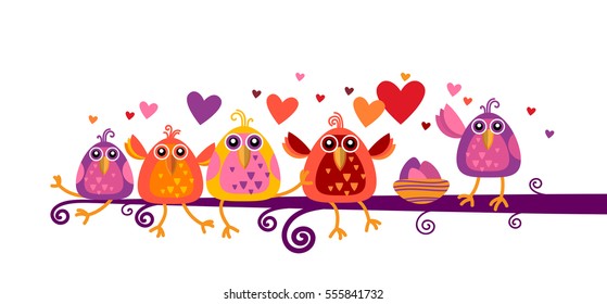 Valentine Day Gift Card Holiday Love Bird Heart Shape Banner With Copy Space Flat Vector Illustration