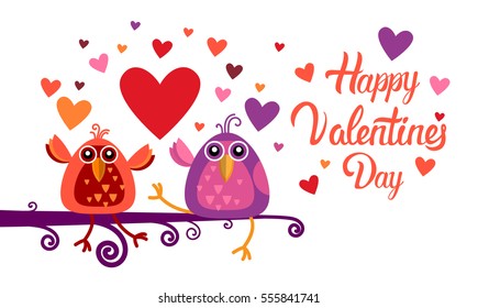 Valentine Day Gift Card Holiday Love Bird Heart Shape Banner With Copy Space Flat Vector Illustration
