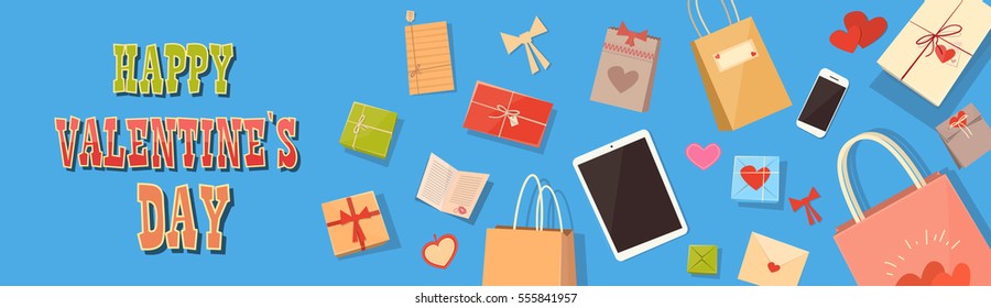 Valentine Day Gift Card Holiday Love Heart Shape Decorated Workspace Desk Copy Space Top Angle View Flat Vector Illustration