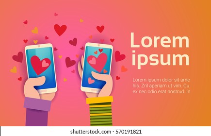 Valentine Day Gift Card Holiday Love Hand Hold Cell Smart Phone Social Network Communication Flat Vector Illustration