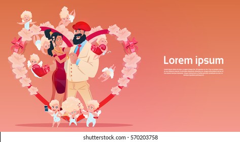 Valentine Day Gift Card Holiday Lovers Couple Love Cupid Heart Shape Flat Vector Illustration