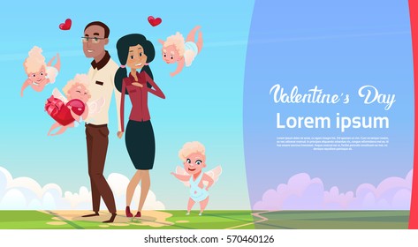 Valentine Day Gift Card Holiday Lovers Couple Love Cupid Heart Shape Flat Vector Illustration