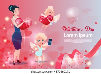 Valentine Day Gift Card Holiday Love Woman With Cupid Group Heart Shape Flat Vector Illustration