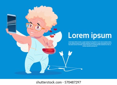Valentine Day Gift Card Holiday Love Cupid With Cell Smart Phone Flat Vector Illustration