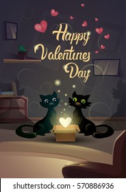 Valentine Day Gift Card Holiday Cat Couple Heart Shape Shining Love Flat Vector Illustration