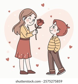 Valentine day girl and boy have a rose in hand