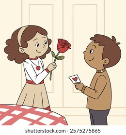 Valentine day girl and boy have a rose in hand