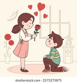 Valentine day girl and boy have a rose in hand