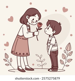 Valentine day girl and boy have a rose in hand