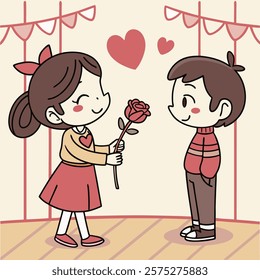 Valentine day girl and boy have a rose in hand