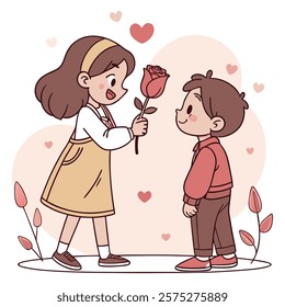 Valentine day girl and boy have a rose in hand