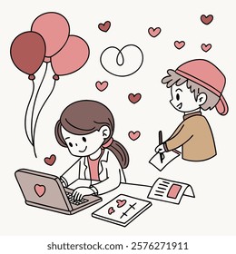 Valentine day girl and boy working