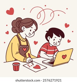 Valentine day girl and boy working