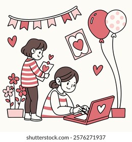 Valentine day girl and boy working