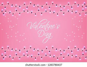 Valentine Day glowing lights Vector. Valentine Love card. Shiny Realistic lights garland. 3d illustration. Beautiful holiday posters. pink colors