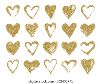Valentine day gold glitter doodle hearts. Hand drawn hearts brushes for wedding and valentine cards.