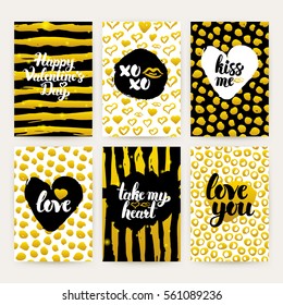 Valentine Day Gold Trendy Brochures. Vector Illustration of 80s Style Poster Design with Handwritten Lettering.