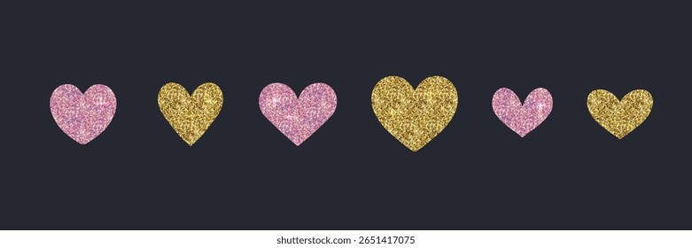 Valentine day golden and pink metallic glitter hearts silhouettes set. Geometric hearts for wedding and valentine cards. Vector.