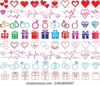 Valentine Day graphic elements featuring heart symbols, wedding rings, diamond icons, gifts, heartbeat lines for romantic designs, love themes, wedding decor, cards, and celebrations