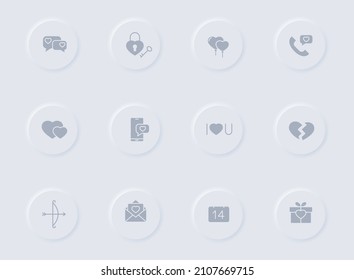 valentine day gray vector icons on round rubber buttons. valentine day icon set for web, mobile apps, ui design and promo business polygraphy