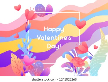 Valentine Day greeting card. Background with romantic flowers and hearts. Beautiful decorative plants.