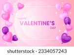 Valentine day greeting card balloon banner flat. Romantic flyer gift banner frame hung balloon heart pink purple gradient sweetheart background cute cartoon love web poster brochure ads celebration