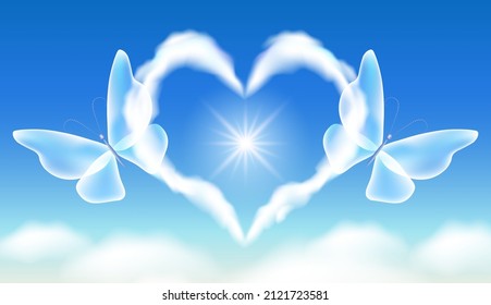 Valentine day greeting card with cloud heart, sun and two butterflies in blue sky with clouds.
