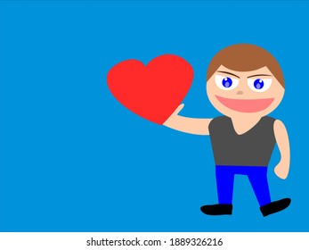 valentine day greeting card concept smiley man with red heart for couple lover