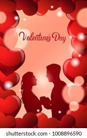 Valentine Day Greeting Card Couple Embracing Over Beautiful Background With Hearts Silhouette Man And Woman In Love Vector Illustration