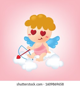 Valentine day greeting card. Cute cupid sitting on cloud with an arrow of love. Character design.