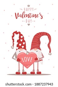 Valentine day greeting card. Cute nordic gnomes in red hats with heart. Scandinavian design element for poster, banner, postcard, flyer, gift tags and labels. Vector illustration in cartoon style.