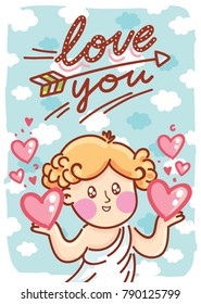 Valentine Day greeting card with cute Cupid baby angel character and lettering text on romantic background with hearts. Love you. Hand drawn love illustration in cartoon, doodle style