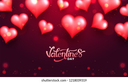 Valentine Day greeting card design decorated with glossy red hearts on bokeh background.