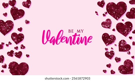 Valentine Day greeting card design with soft pink background. Romantic and elegant atmosphere. Uneven, irregular abstract shape glittery heart. For printed greeting card, digital invitation.