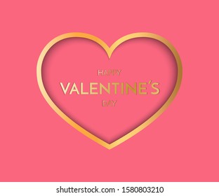 Valentine Day greeting card. Festive Card for Happy Valentine s Day. Pink Background with golden Heart. Symbol of love. Vector Illustration.