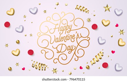 Valentine Day greeting card gold calligraphy text design template. Vector Happy Valentines Day gold ornate lettering and golden glitter heart and star confetti decoration on white background
