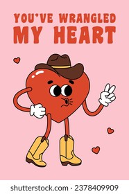 Valentine Day greeting card with groovy heart character in cowboy hat. Love concept. Template for poster, banner, invitation, greeting card. Vector illustration