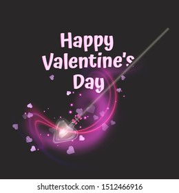 Valentine day greeting card with Magic wand on dark background, beautiful light effects with magical sparkle, Vector EPS 10 format