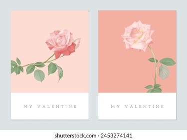 Tarjeta de felicitación del día de San Valentín, flores rosas minimalistas