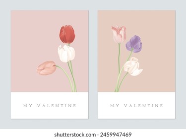 Valentine day greeting card, minimalist colorful tulip flowers