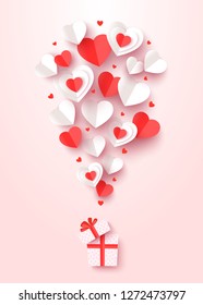 Valentine day greeting card. Сut out paper hearts fly out of the gift box. Vector illustration