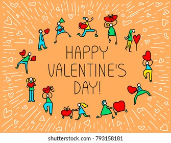 Valentine Day greeting card with people with hearts symbol. Winter seasonal background with cute men and women with love and romance gifts. Vector illustration. Happy Valentine's Day lettering
