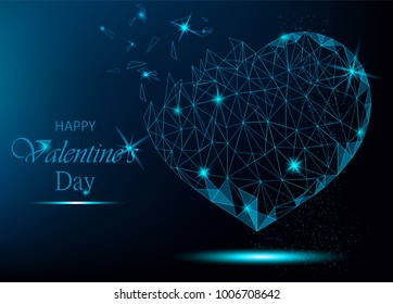 Valentine day greeting card with polygonal heart on blue background. Vector illustration for holiday. 