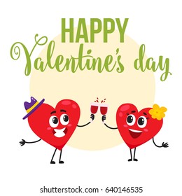 Valentine day greeting card, postcard, banner design with two heart characters clinking glasses, cartoon vector illustration. Greeting card design with two heart characters celebrating Valentine day
