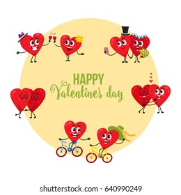 Valentine day greeting card, postcard design with couples of loving heart characters, cartoon vector illustration. Valentine day greeting card design with heart characters spending time together