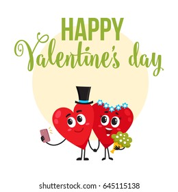 Valentine day greeting card, postcard, banner design with two heart characters having wedding, cartoon vector illustration. 